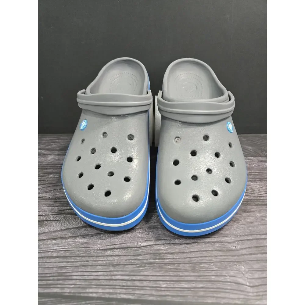 Crocs Crocband Clogs Charcoal Grey Ocean Blue Stripe Men's Size 12 EUC Comfort